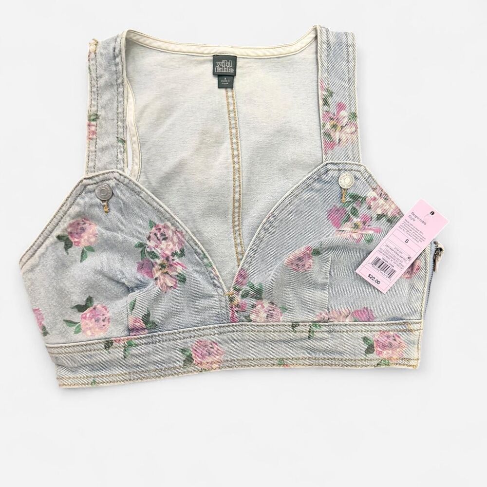 Denim Floral Cropped Vest